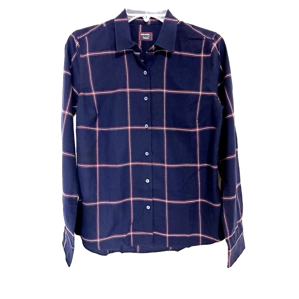 Untuckit Shirt Womens 4/S Button Up Lightweight Cotton Flannel  Blue Windowpane